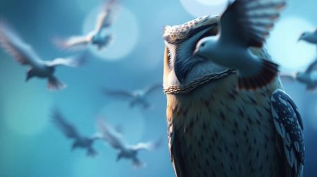 A captivating long exposure image in a cinematic style depicts a wise, blind owl, rendered in a Pixar animation style, observ