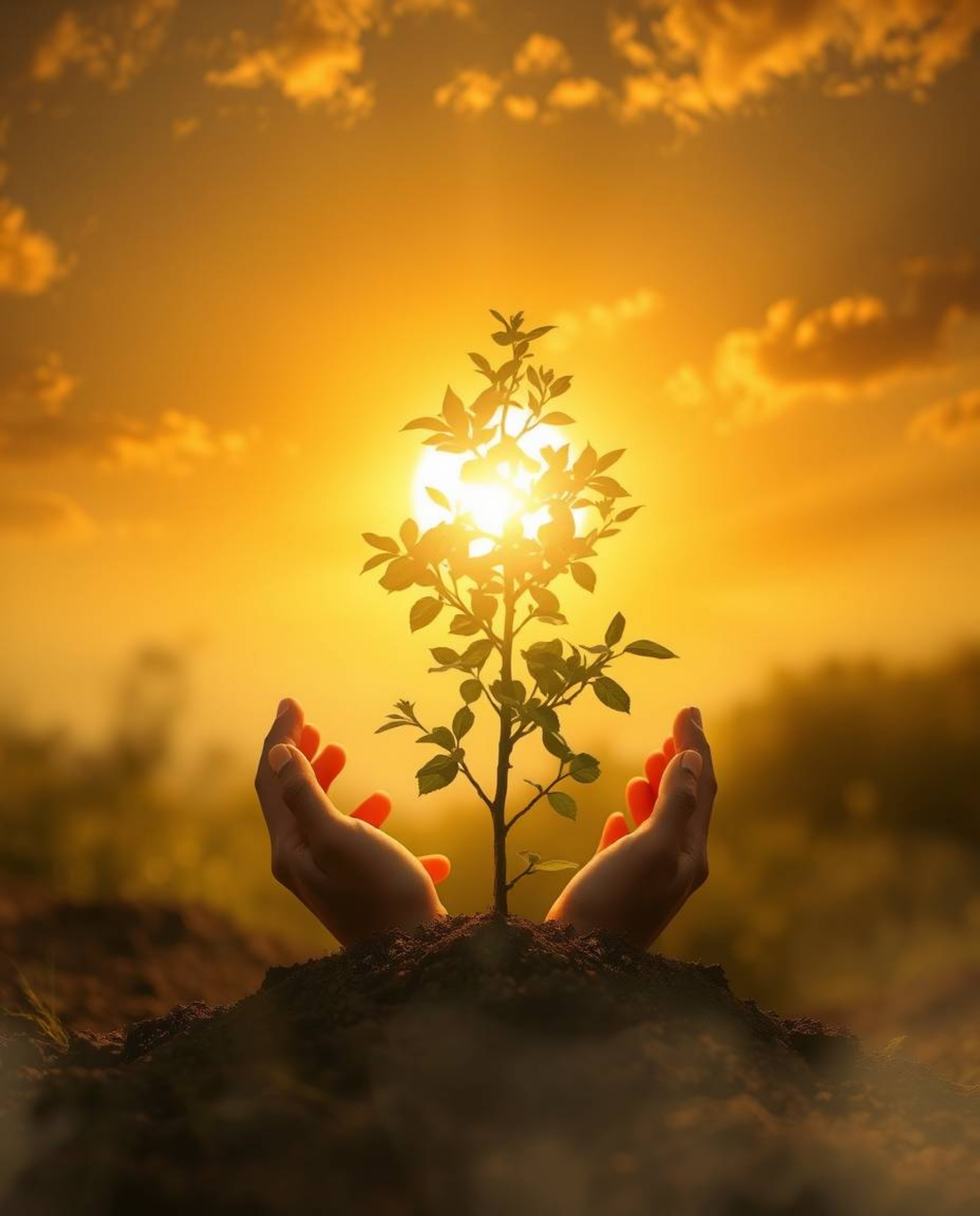 A captivating image of hands planting a tree under a breathtaking golden sky.  The gentle color contrasts and dreamlike atmos