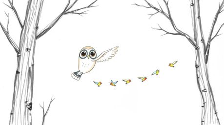 A charming, hand-drawn sketch in the style of Pixar depicts a blind owl gracefully gliding through a forest, leading a flock 