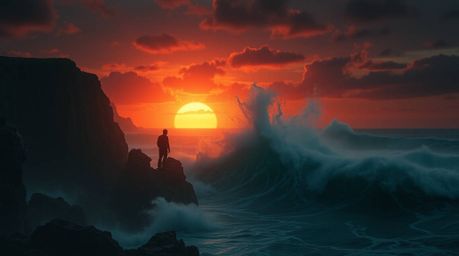Experience a captivating surreal image: Waves crashing dramatically against cliffs, all bathed in the fiery glow of a breatht