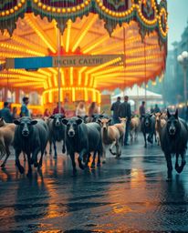 A captivating long-exposure photograph depicting a carnival scene dramatically overtaken by wild animals under a drizzling ra