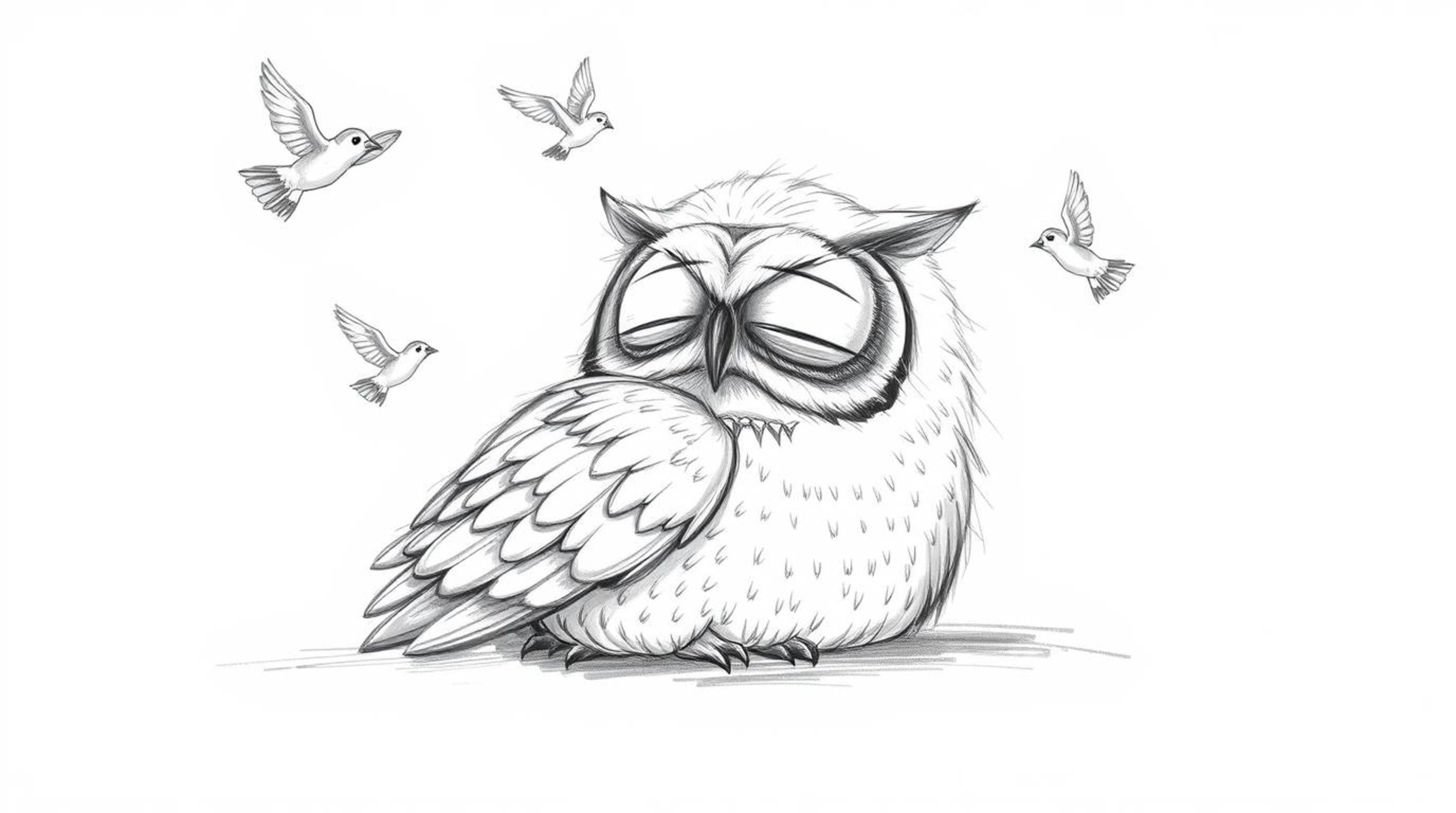A heartwarming, hand-drawn sketch in the style of Pixar depicts a blind owl, rendered with soft, feathery texture, resting pe
