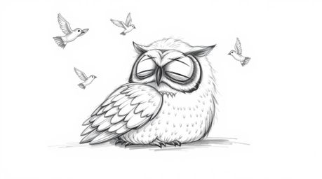 A heartwarming, hand-drawn sketch in the style of Pixar depicts a blind owl, rendered with soft, feathery texture, resting pe
