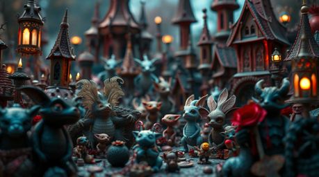 Explore an enchanting fantasy kingdom brought to life in extreme close-up, showcasing a vibrant world populated by quirky mag