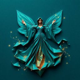 A captivating origami artwork showcases a fairy godmother emerging from a swirl of sparkling teal hues.  The piece boasts int
