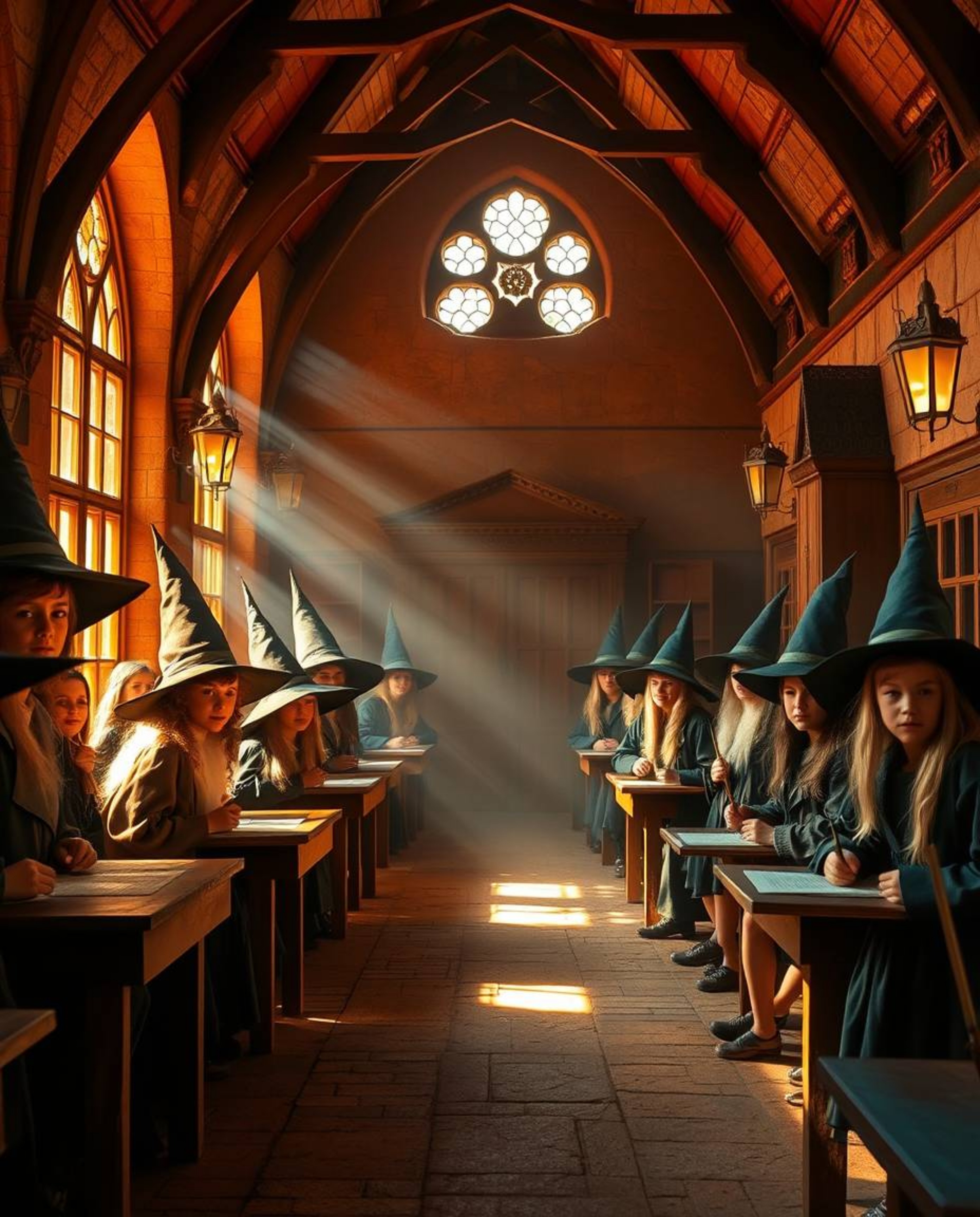Immerse yourself in a magical school bathed in the warm glow of golden hour light, where young wizards learn and grow. The sc