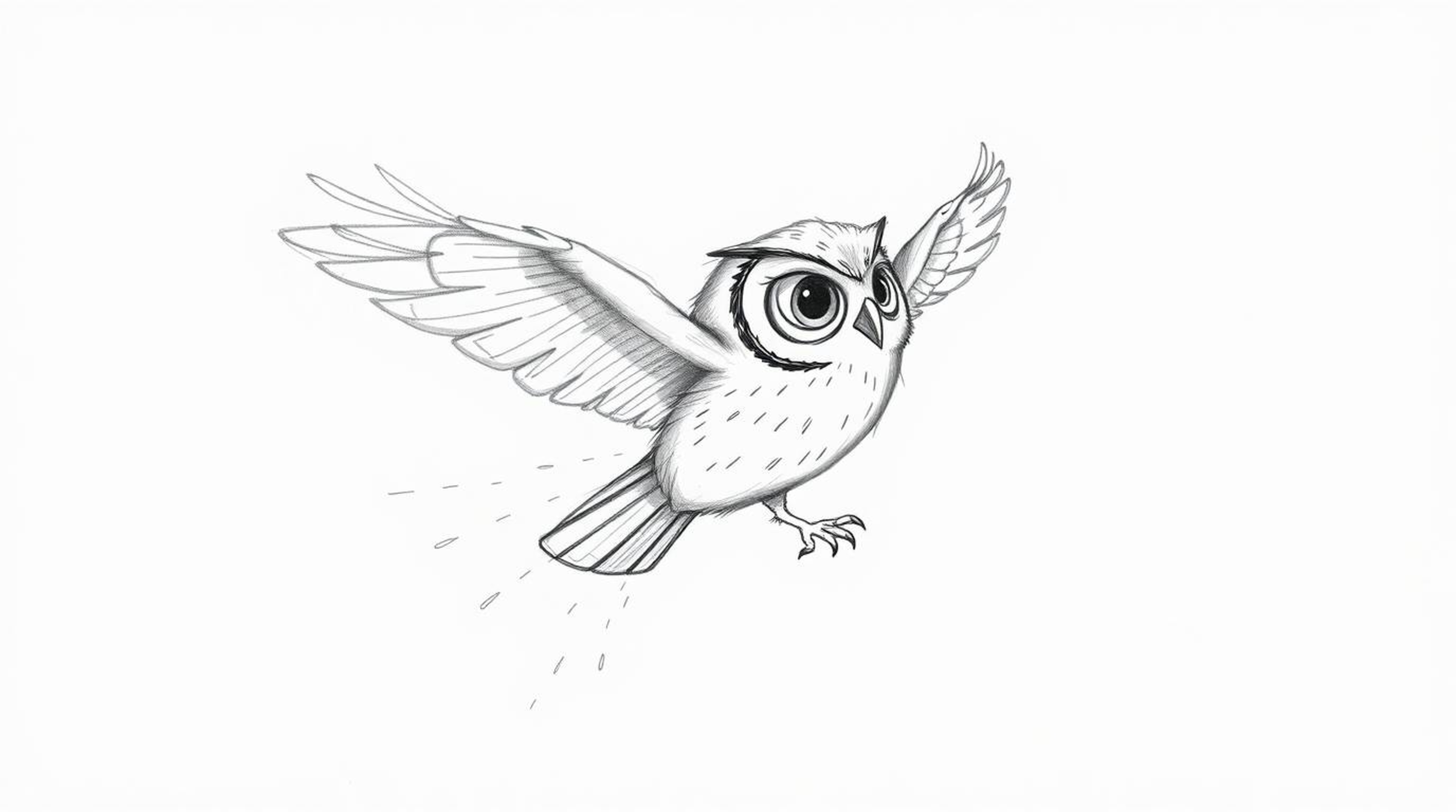 A captivating hand-drawn sketch, reminiscent of Pixar's iconic style, portrays a blind owl gracefully suspended mid-flight.  