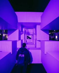 Captivating candid street photography showcasing a repetitive cube pattern in Escher-style impossible geometry.  The vibrant 