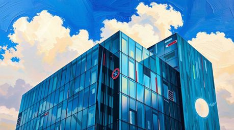 This bold acrylic painting captures the essence of a modern glass building seamlessly dissolving into a soft, cloud-filled sk