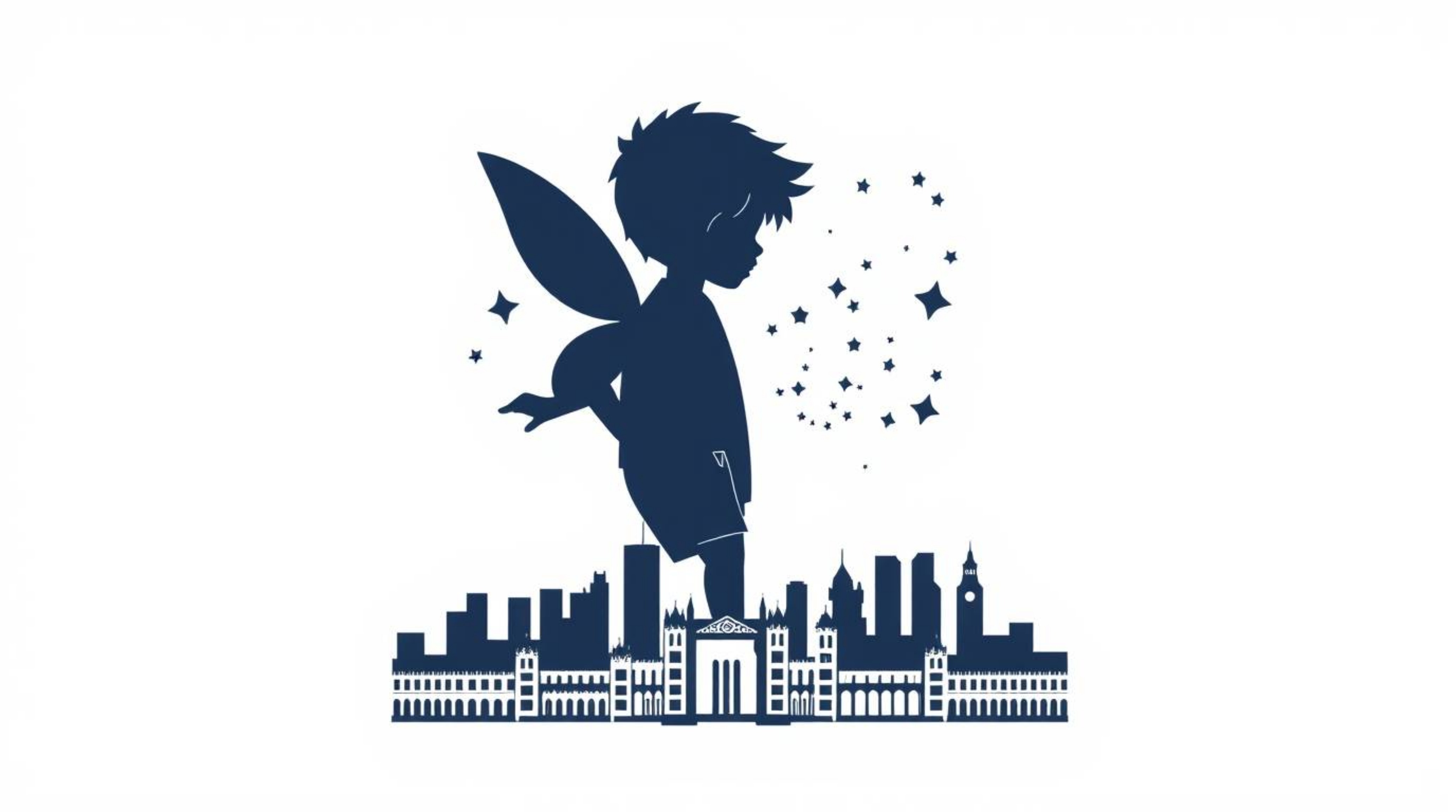 A striking geometric logo featuring a young boy in silhouette, with pixie dust forming abstract shapes above a simplified Lon