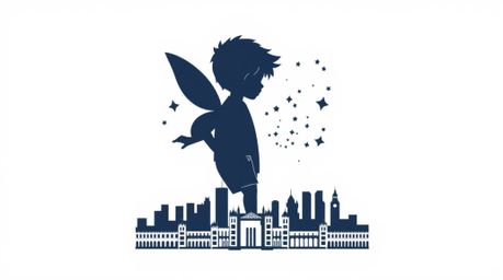 A striking geometric logo featuring a young boy in silhouette, with pixie dust forming abstract shapes above a simplified Lon