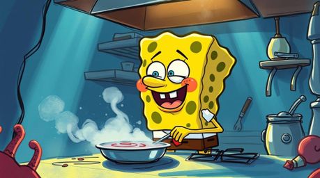 A whimsical hand-drawn color sketchnote depicts a sponge character joyfully cooking in an underwater kitchen, complete with v