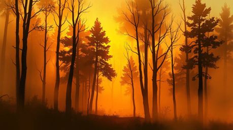 A dynamic digital sketch depicting a warm golden glow mist rising from a forest at golden hour.  The artwork features loose p