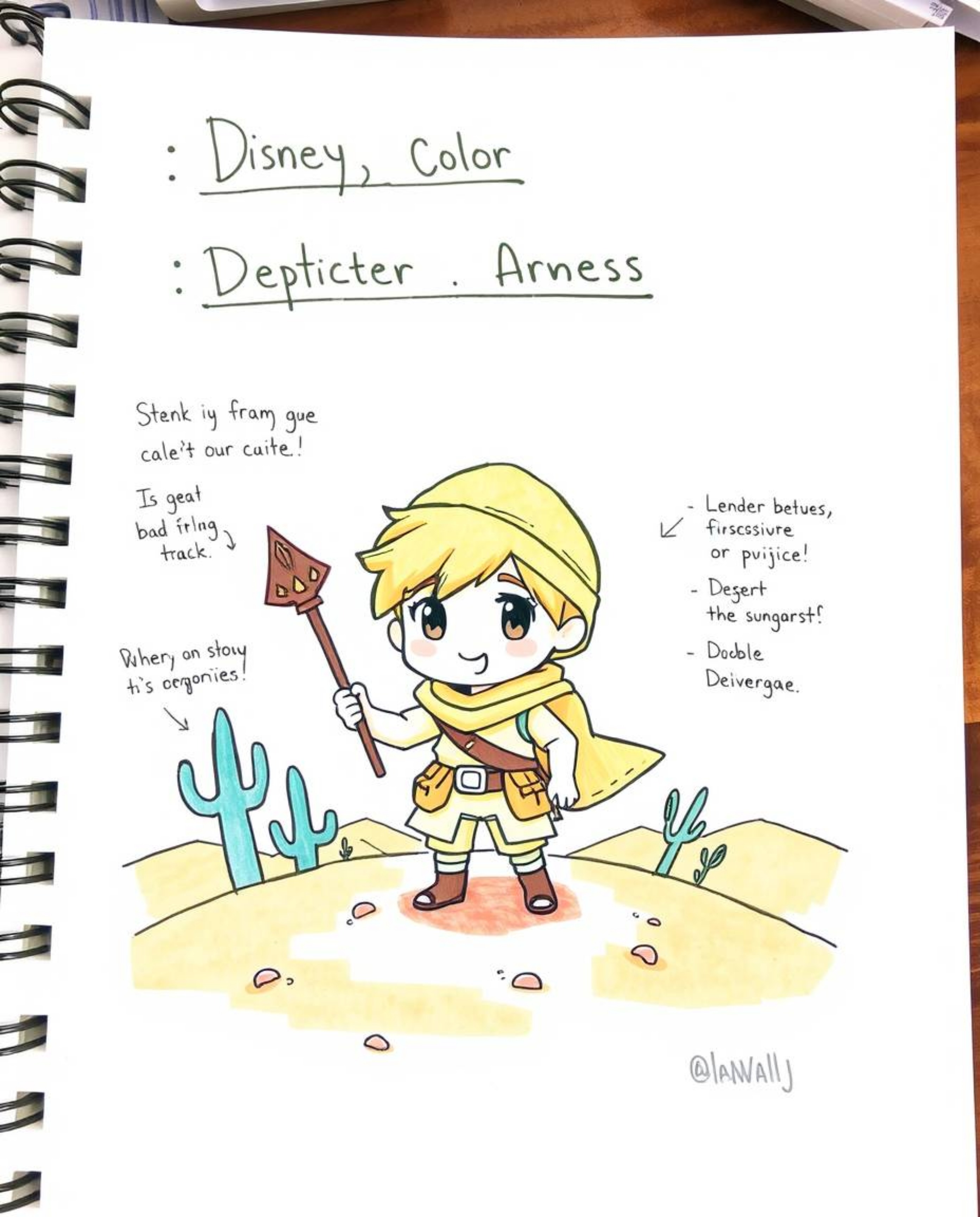 Explore a charming desert adventure with this hand-drawn, color sketchnote featuring an adorable, Disney-style hero. This whi