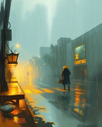 A dynamic digital sketch with complementary epic colors evokes a misty atmospheric setting, portraying a wet rainy scene bath