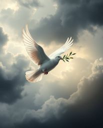 A powerful image of a dove carrying an olive branch across a turbulent sky, rendered with heroic scale and delicate lighting.