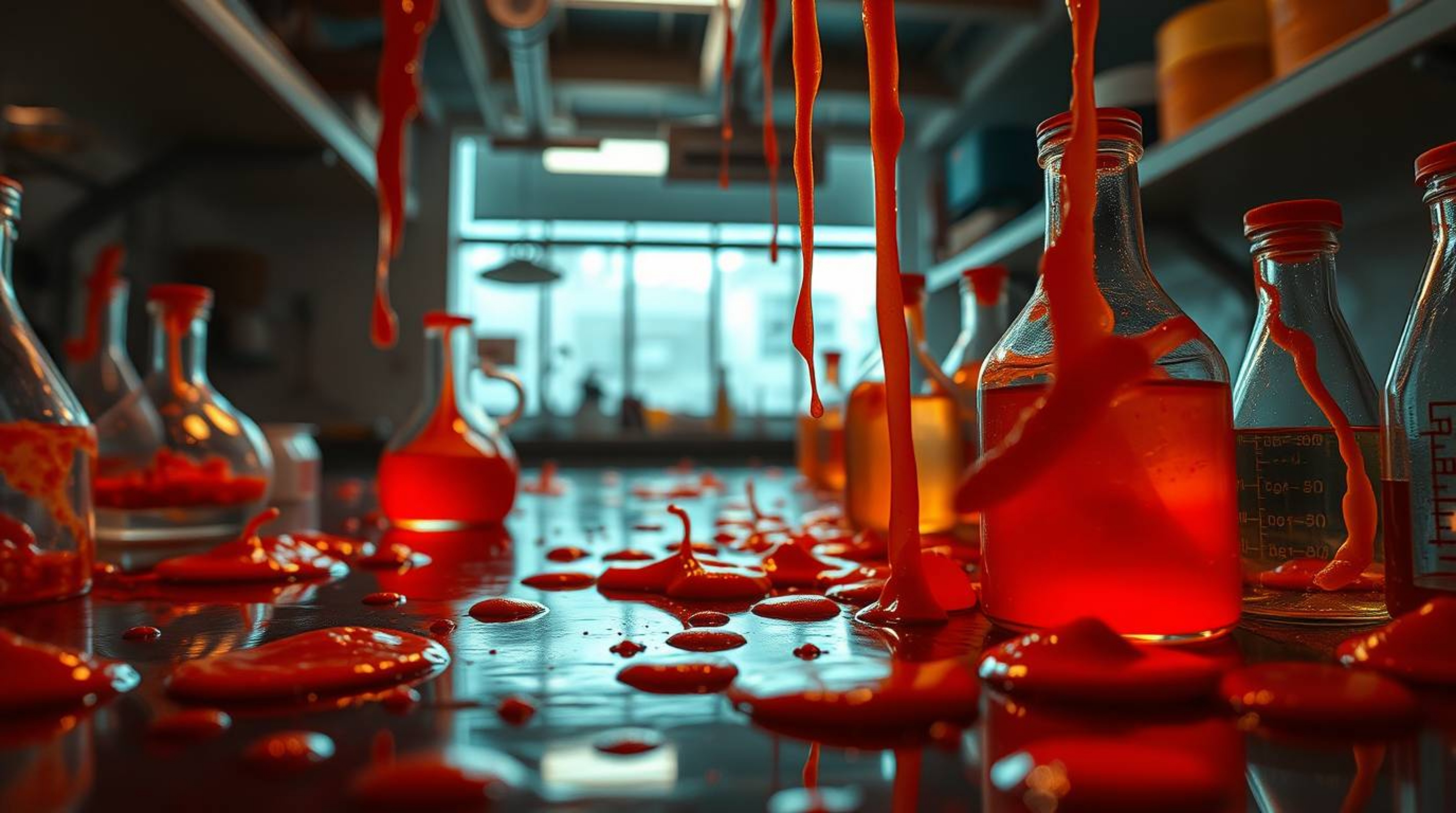 A warm, tight close-up shot showcasing a slime-covered science lab in meticulous detail. The image focuses on a rich palette 