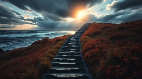 A dramatic ocean staircase, reaching towards a stormy sky illuminated by a divine sunburst, creates a dreamlike and mystic en