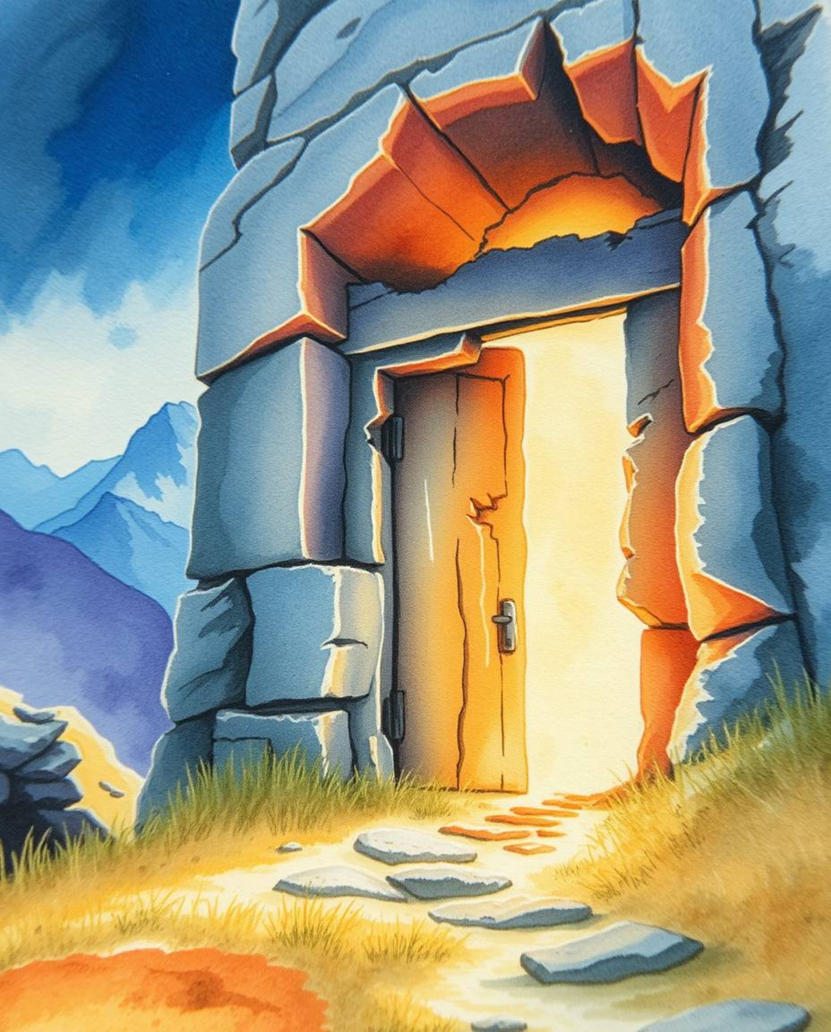 This image showcases an extreme macro close-up of an ancient doorway, nestled within a mountainside and illuminated by glowin