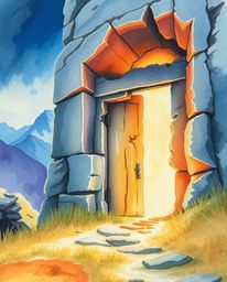 This image showcases an extreme macro close-up of an ancient doorway, nestled within a mountainside and illuminated by glowin