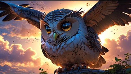 A stunning and hopeful scene, beautifully rendered in a captivating blend of Pixar and anime styles. A wise blind owl, its fo