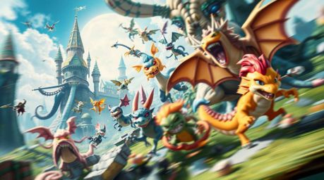 Explore a vibrant and fantastical kingdom teeming with quirky magical creatures in this dynamically composed image. Featuring