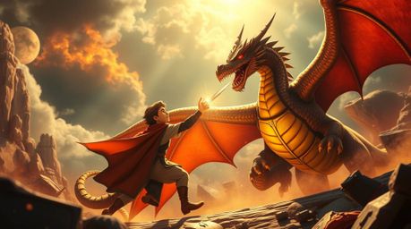 An epic scene depicting a charming prince battling a dragon, rendered in a 1950s animation style with a modern future aesthet