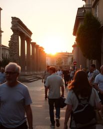 Candid street photography captures ancient stone ruins at sunset within an urban scene. The image highlights spontaneous, can
