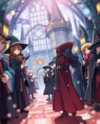 Immerse yourself in the enchanting world of an Isekai anime-style magical school.  This vibrant artwork features young wizard