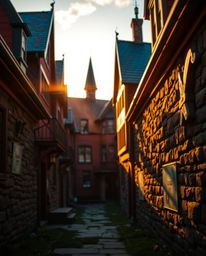This close-up shot captures the enchanting details of a magical school bathed in the warm, golden light of either sunrise or 