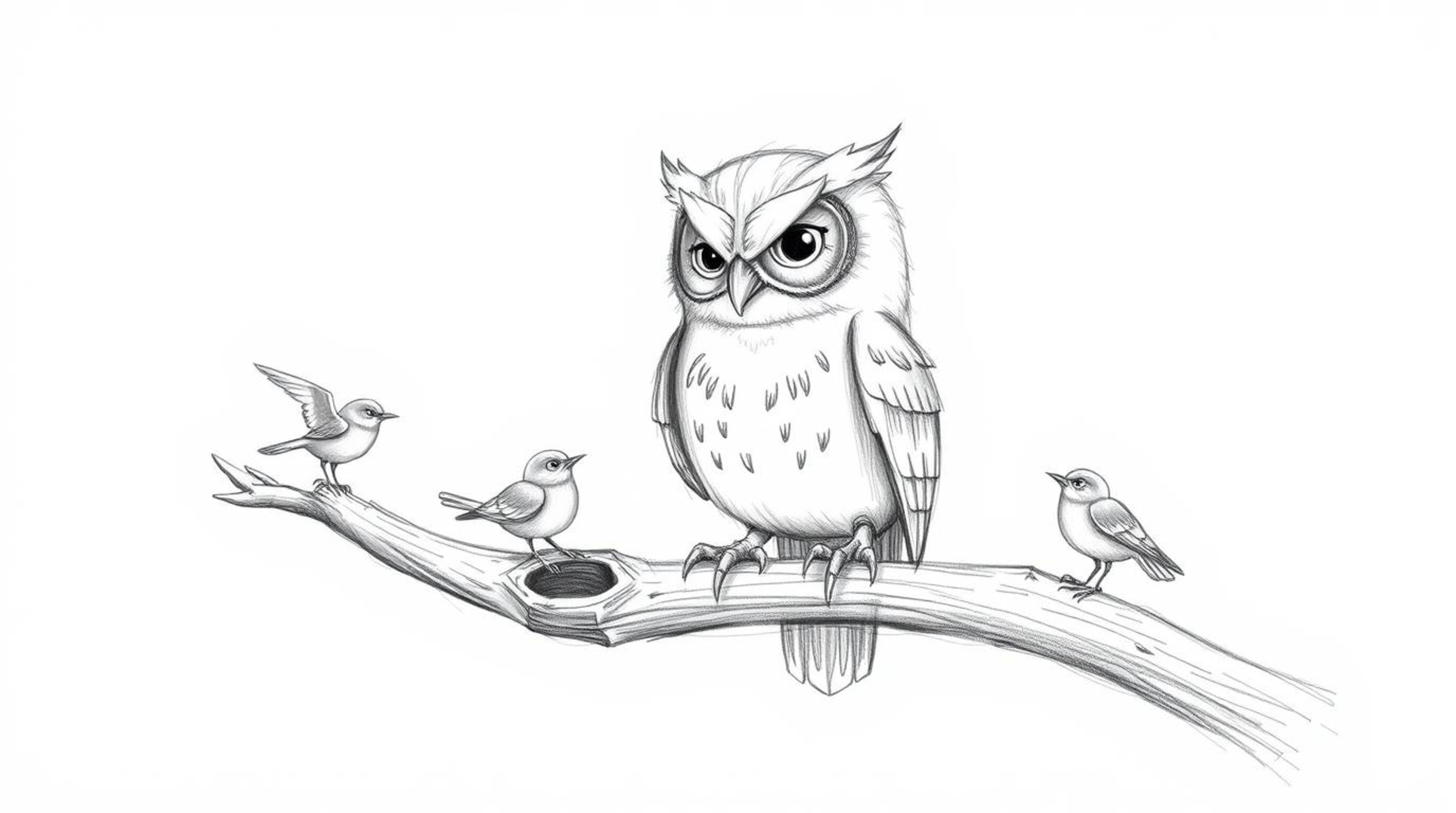 A heartwarming hand-drawn sketch in the style of Pixar portrays a gentle blind owl, characterized by soft feathers and deeply