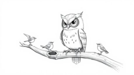 A heartwarming hand-drawn sketch in the style of Pixar portrays a gentle blind owl, characterized by soft feathers and deeply