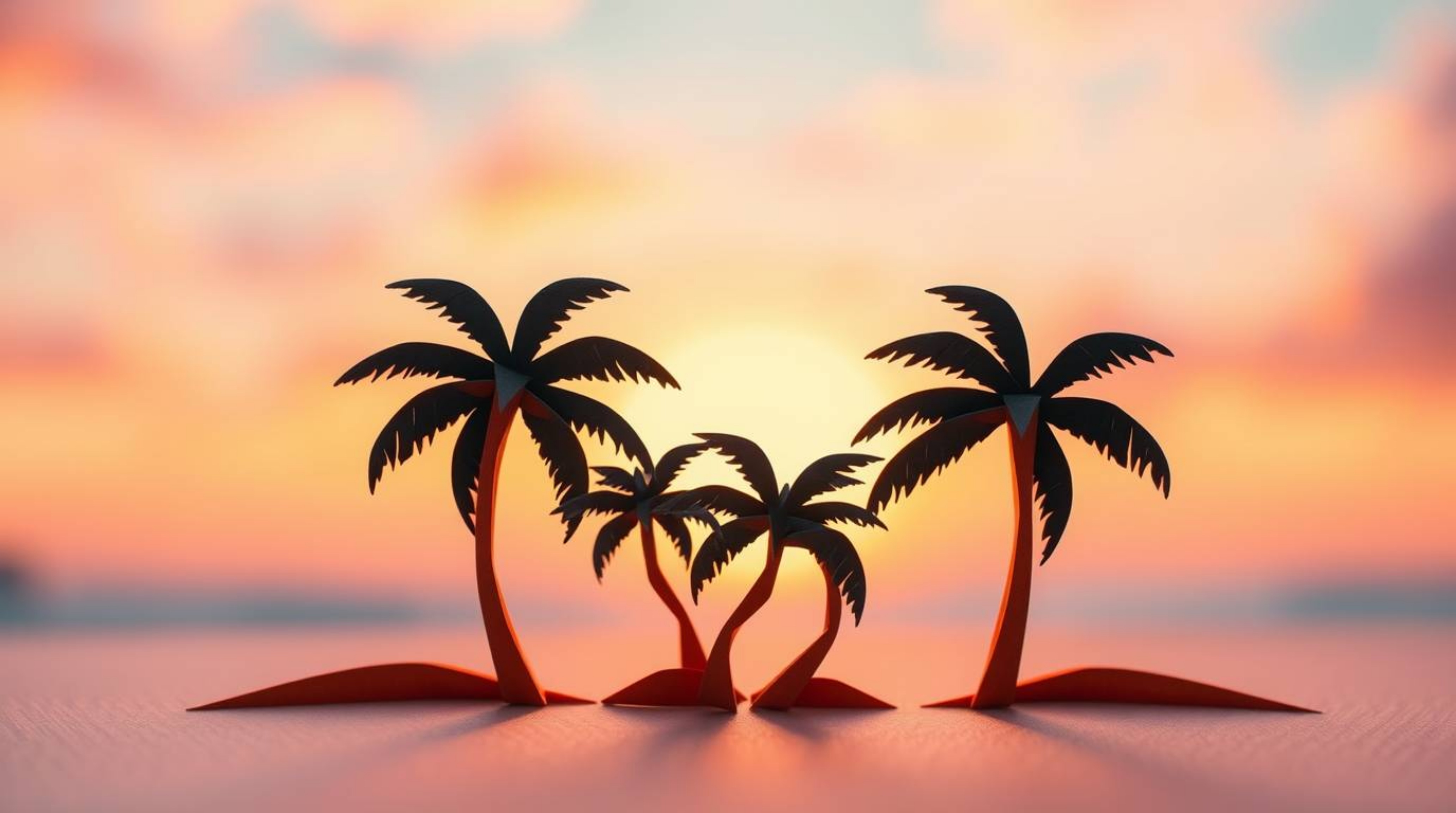 Experience the serene beauty of a tropical beach sunset, reimagined in the intricate style of origami.  This stunning image f