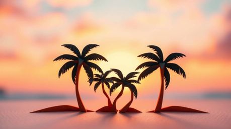 Experience the serene beauty of a tropical beach sunset, reimagined in the intricate style of origami.  This stunning image f