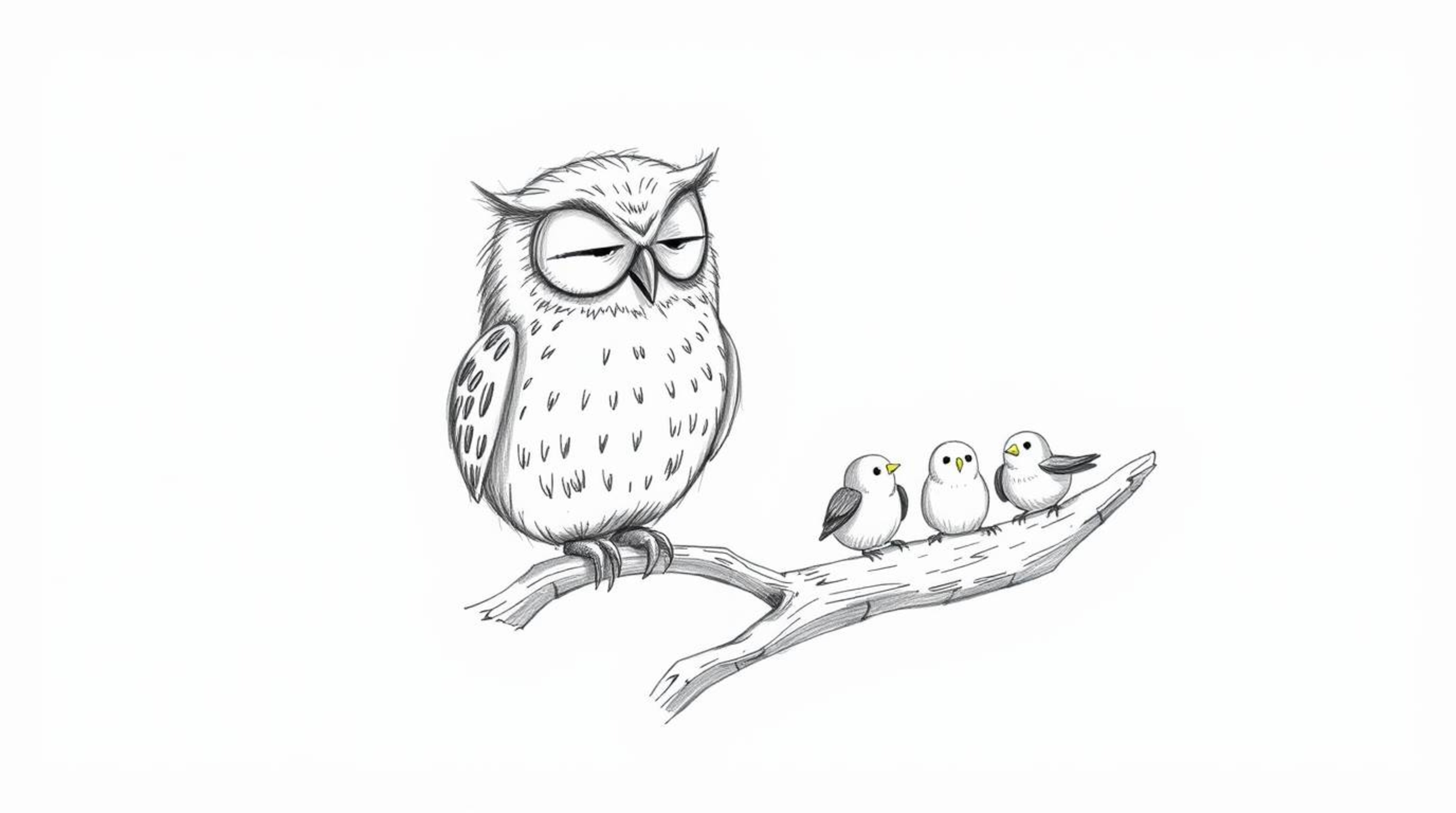 A heartwarming hand-drawn sketch depicting a wise, blind owl with soft fur, rendered in a Pixar-inspired style. The owl rhyth