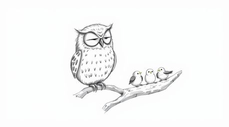 A heartwarming hand-drawn sketch depicting a wise, blind owl with soft fur, rendered in a Pixar-inspired style. The owl rhyth