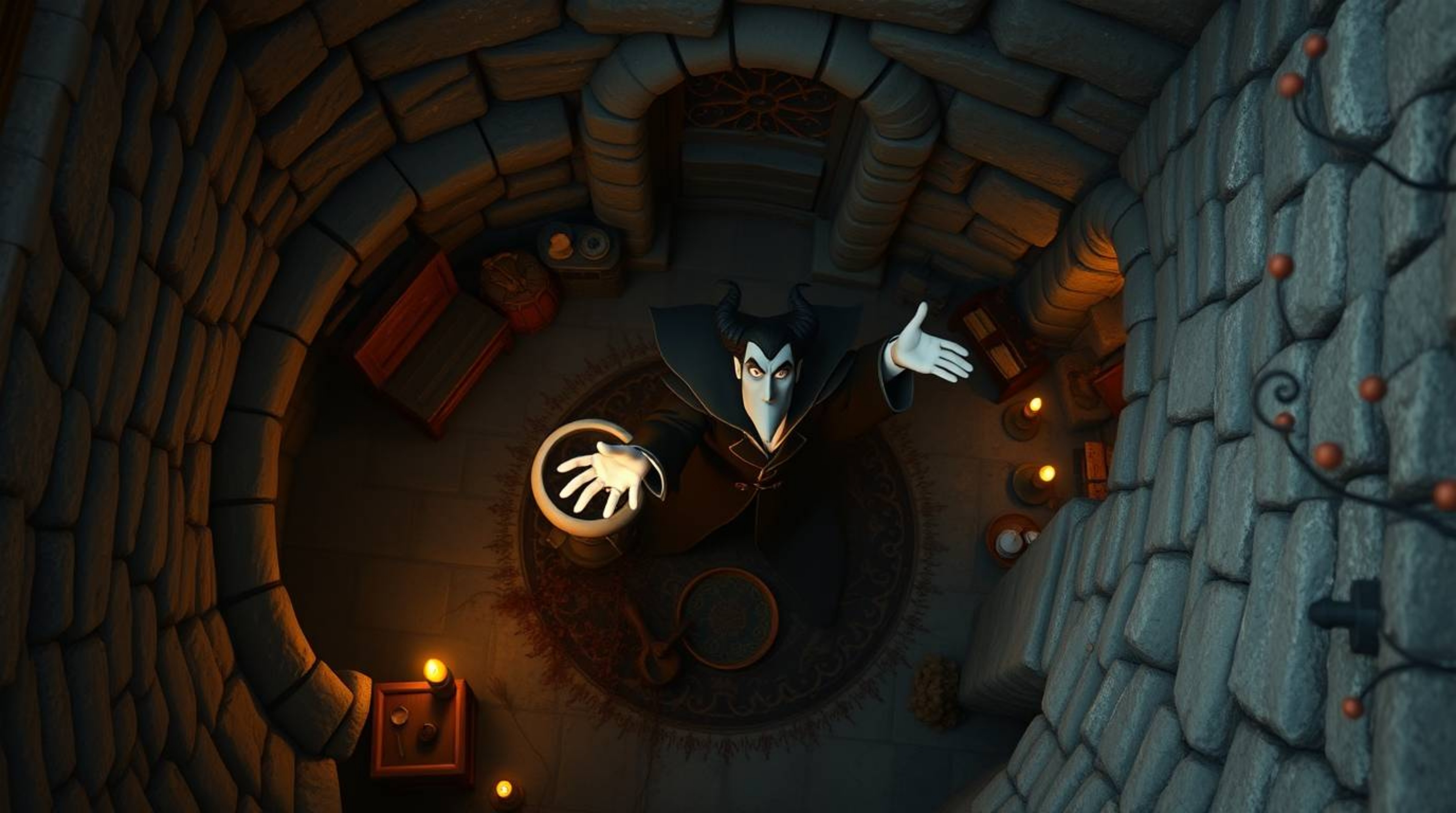 An overhead bird’s eye view image showcases a classic Disney villain casting a spell within the aged walls of an old stone ca