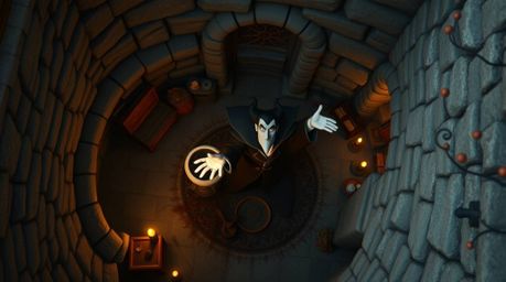 An overhead bird’s eye view image showcases a classic Disney villain casting a spell within the aged walls of an old stone ca