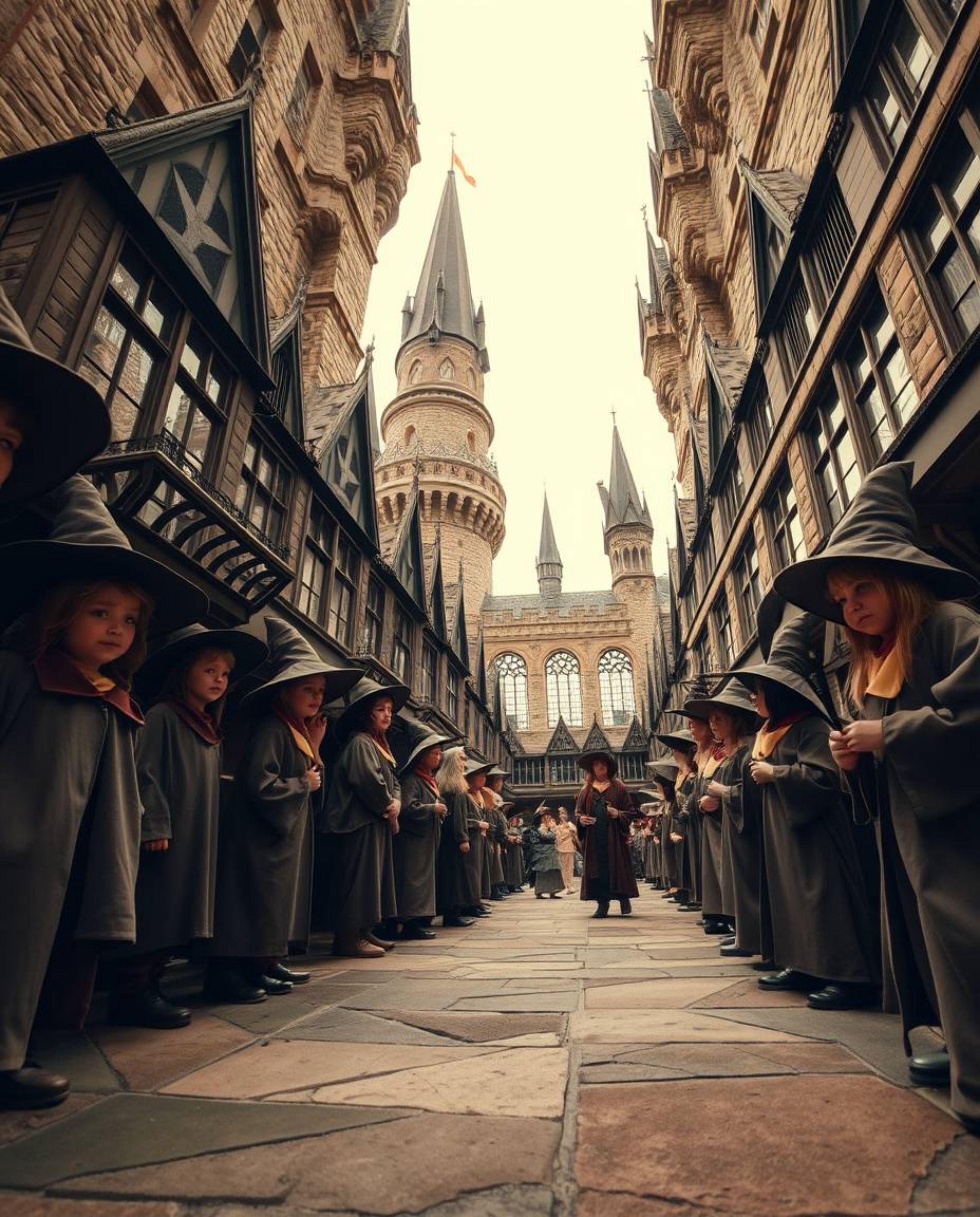 Discover a captivating image of a magical school brimming with young wizards.  Shot from a low angle, the natural earth tones