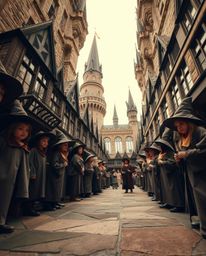 Discover a captivating image of a magical school brimming with young wizards.  Shot from a low angle, the natural earth tones