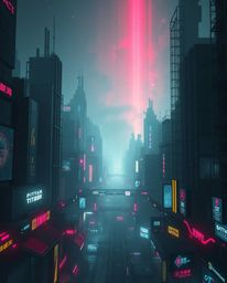 Immerse yourself in a futuristic cityscape bathed in a cyberpunk environment, where colorful neon splashes illuminate deep sh
