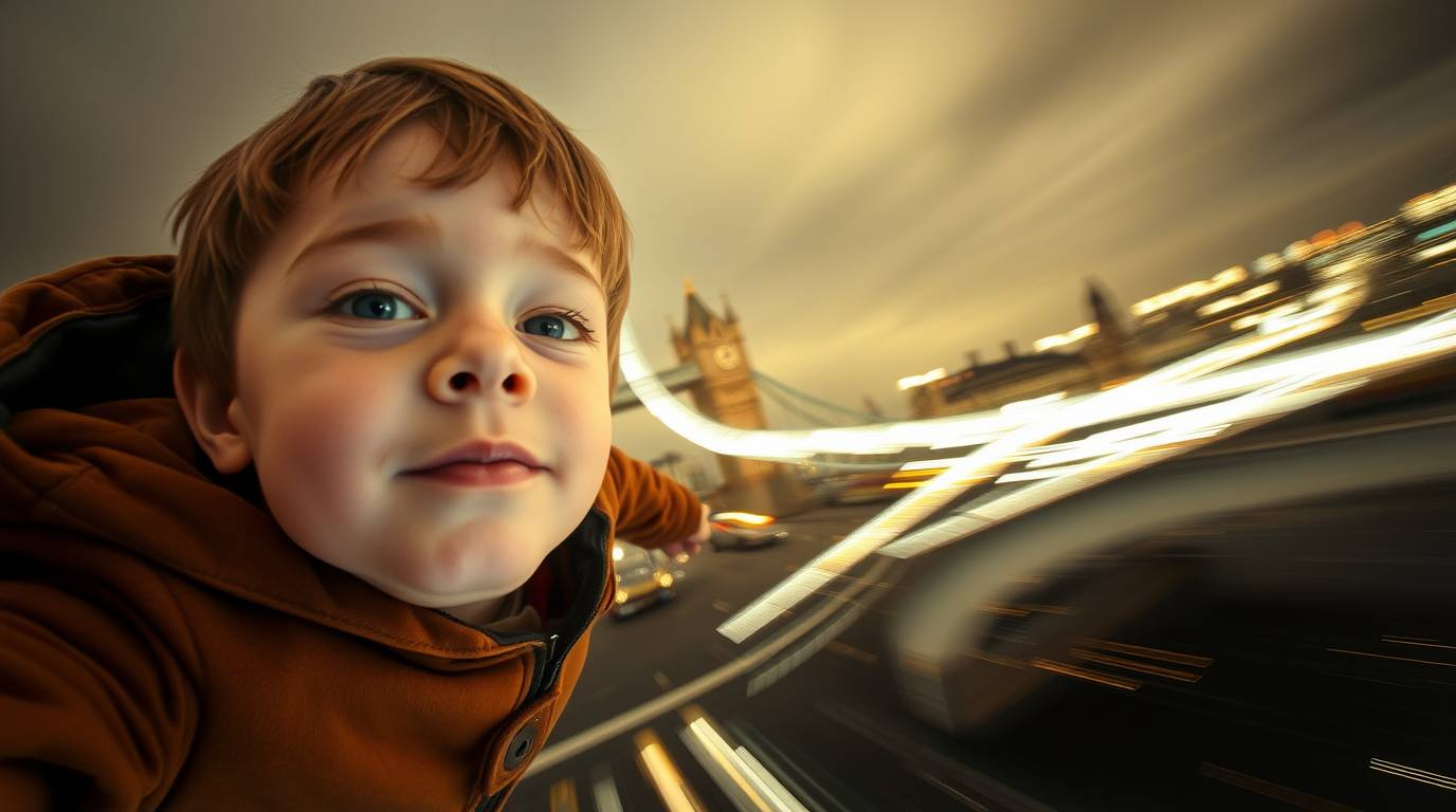 Witness a breathtaking scene of a young boy with light skin soaring above the iconic city of London.  Captured from a low-ang