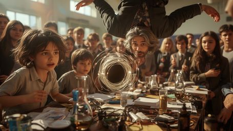 A highly detailed, cinematic photo captures a chaotic science fair scene with a whimsical, Pixar-esque style. Two excited stu