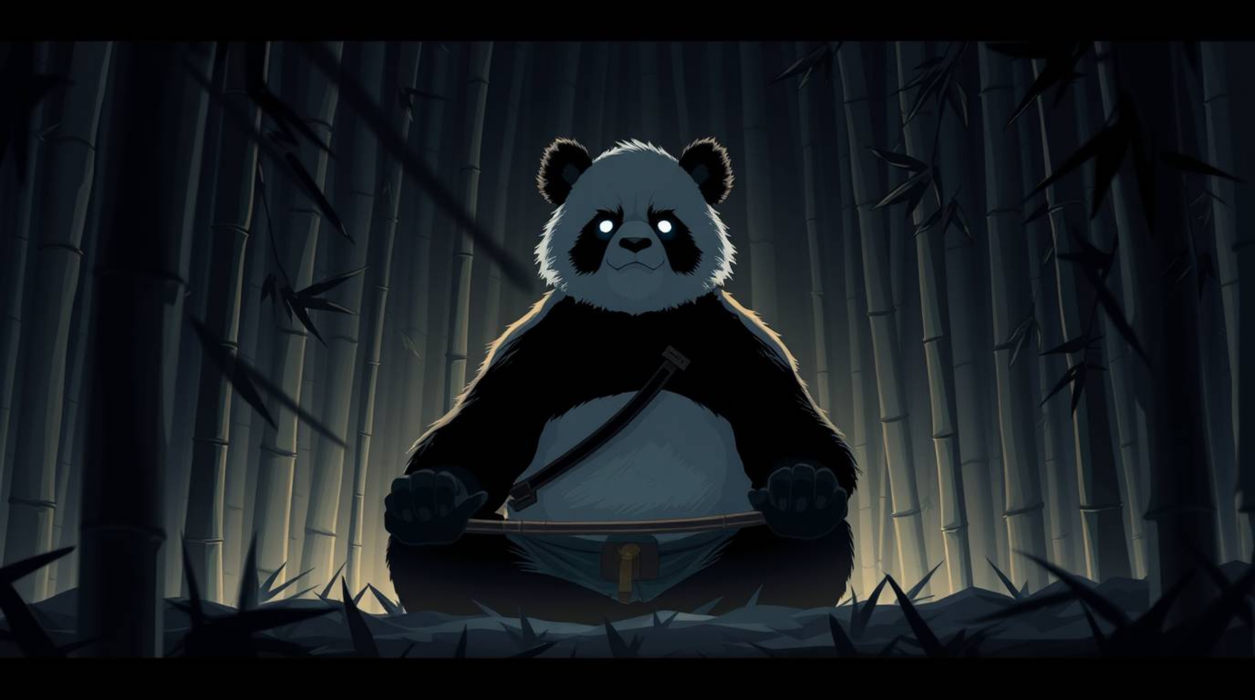 Immerse yourself in a stunning isekai anime style scene featuring a martial artist panda deeply meditating within a lush bamb