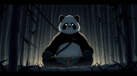 Immerse yourself in a stunning isekai anime style scene featuring a martial artist panda deeply meditating within a lush bamb