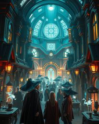 A futuristic sci-fi take on a magical school brimming with young wizards, captured in a tight close-up shot. The image focuse