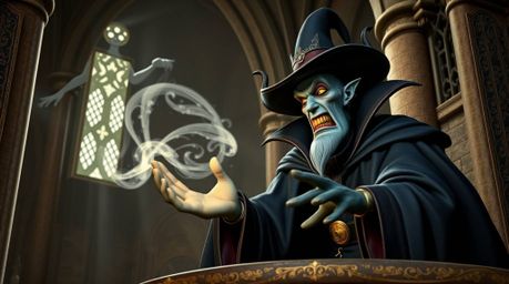 A captivating digital rendering depicts a classic Disney villain casting a spell within the aged walls of an old castle. The