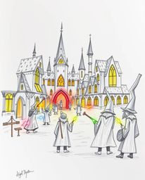 Explore a captivating hand-drawn sketch of a magical school teeming with young wizards, rendered in glowing bioluminescent co