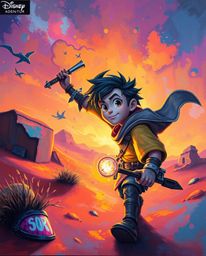 A captivating acrylic painting portrays a brave hero embarking on a Disney-style desert adventure. The artwork bursts with g