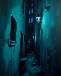 This classic oil painting features deep teal hues and rich textures, depicting eyes watching from the shadows of an alley at 